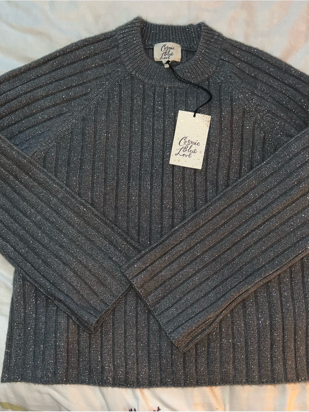 Cosmic Blue Love Women's Metallic Ribbed Crewneck Sweater — Gray